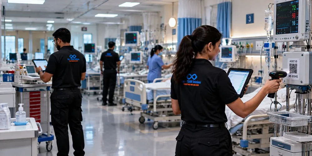 Pro-TEAM team scanning tagged medical equipment in a hospital ward