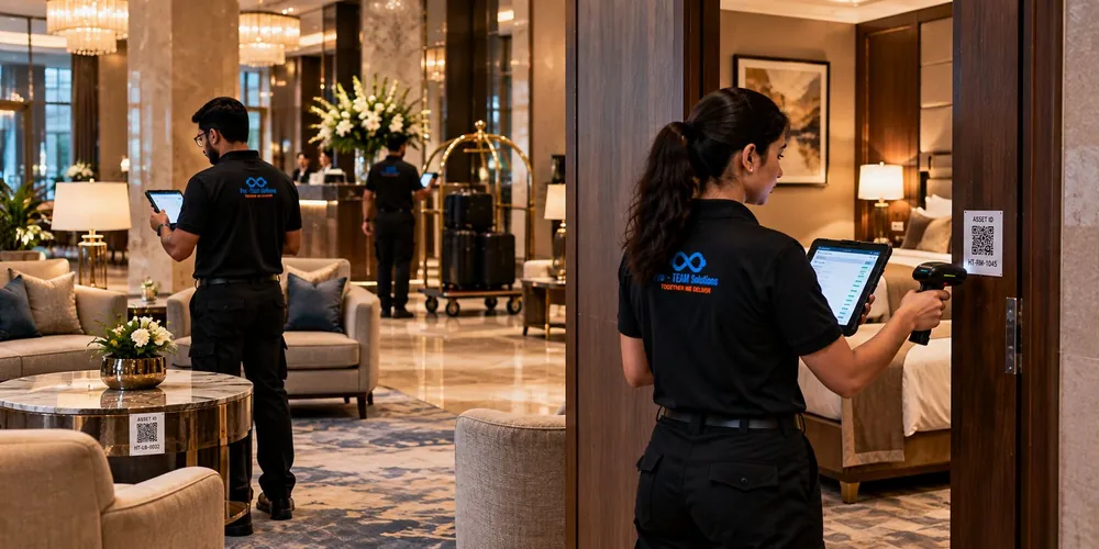Pro-TEAM team verifying tagged furniture in a hotel lobby and room