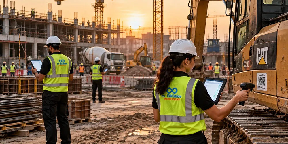 Pro-TEAM team verifying tagged heavy equipment at a construction site