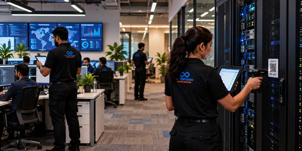 Pro-TEAM team scanning tagged servers and workstations in an IT office