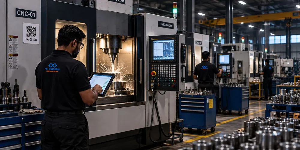 Pro-TEAM team verifying CNC machines in a manufacturing plant
