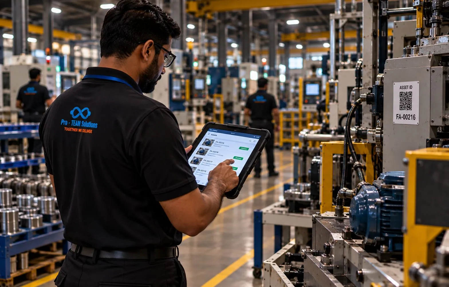 Pro-TEAM verifier reviewing tagged assets on a tablet on the shop floor