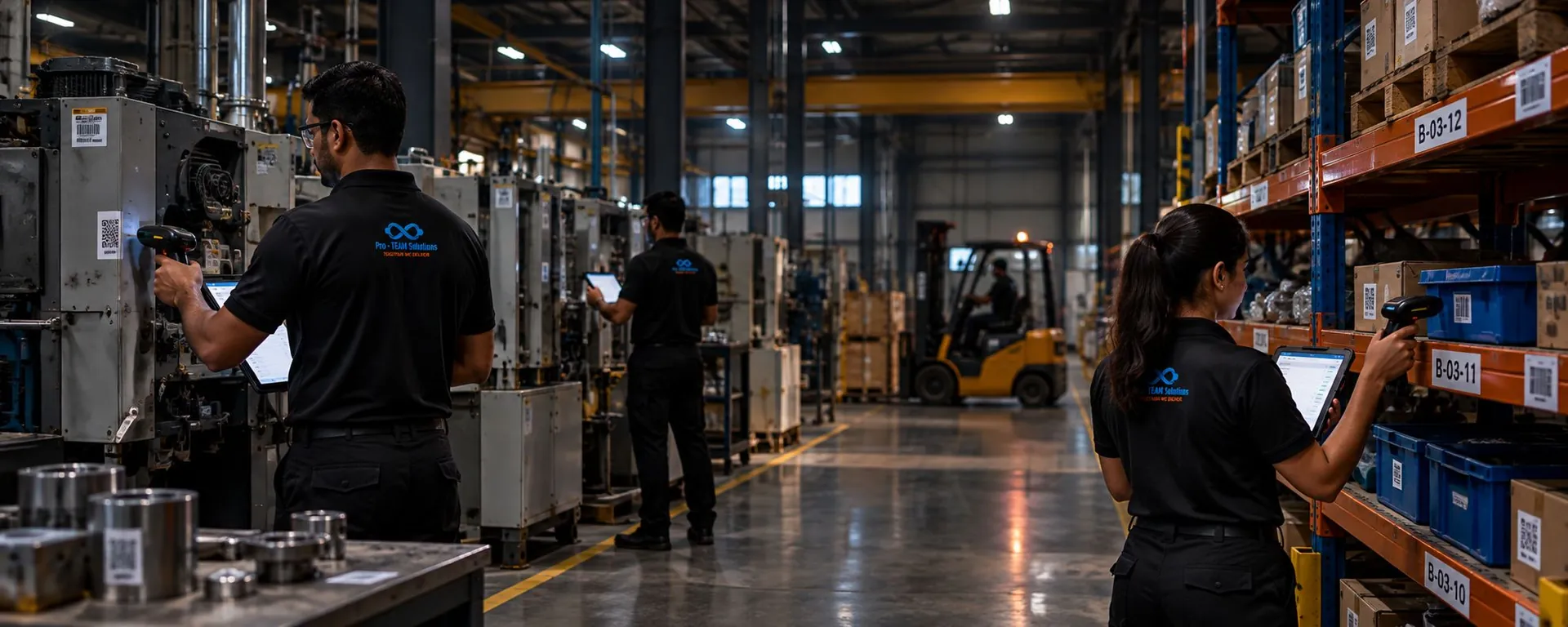 Pro-TEAM team verifying and scanning tagged assets on a plant floor and warehouse racks